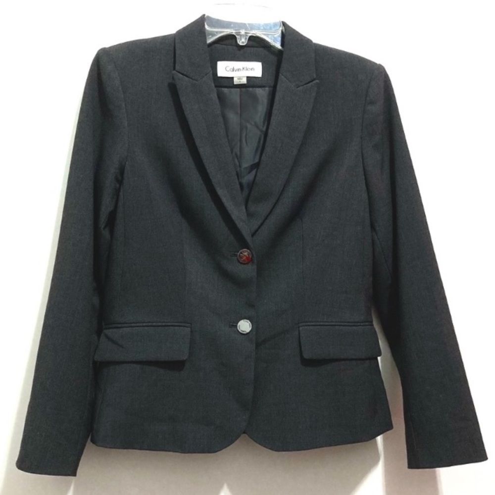 🆕 Calvin Klein Women’s Dark Gray Black Two Button Sharp Shoulder Suit Blazer